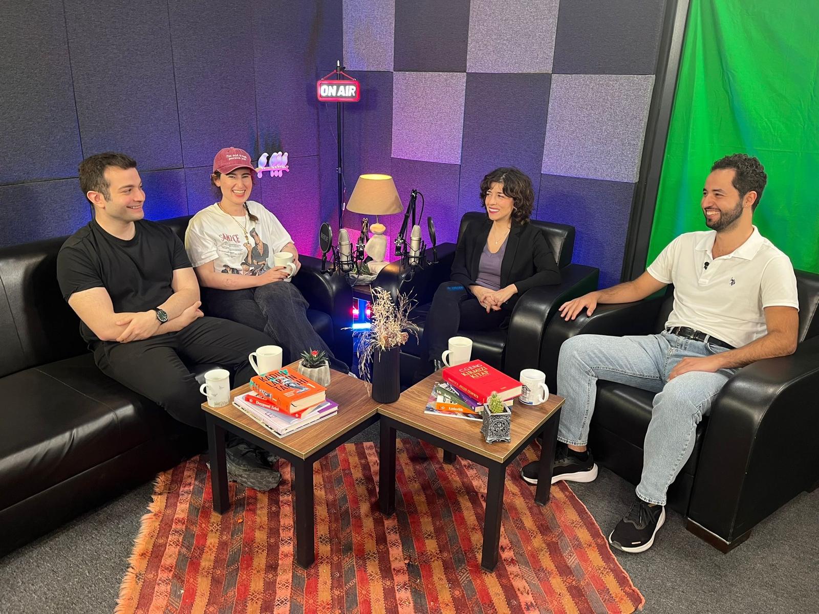 Arda Orak in Boğaziçi University podcast studio with his friends and teachers, April 2026