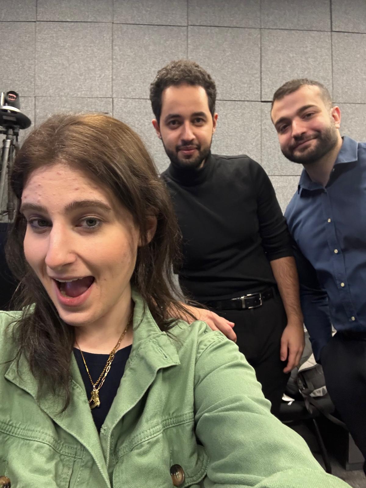 Arda Orak selfie in Boğaziçi University podcast studio with his friends, April 2026